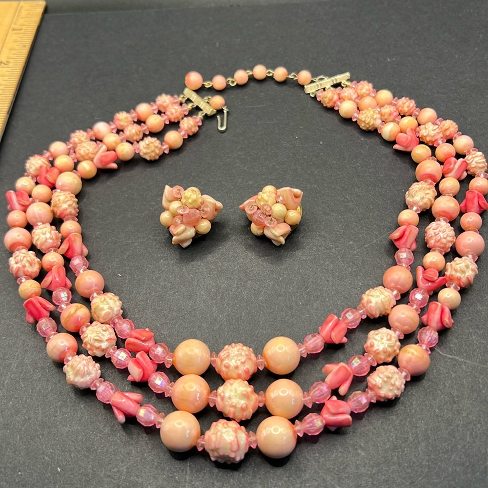 Vintage Hong Kong beaded necklace and clip earrings